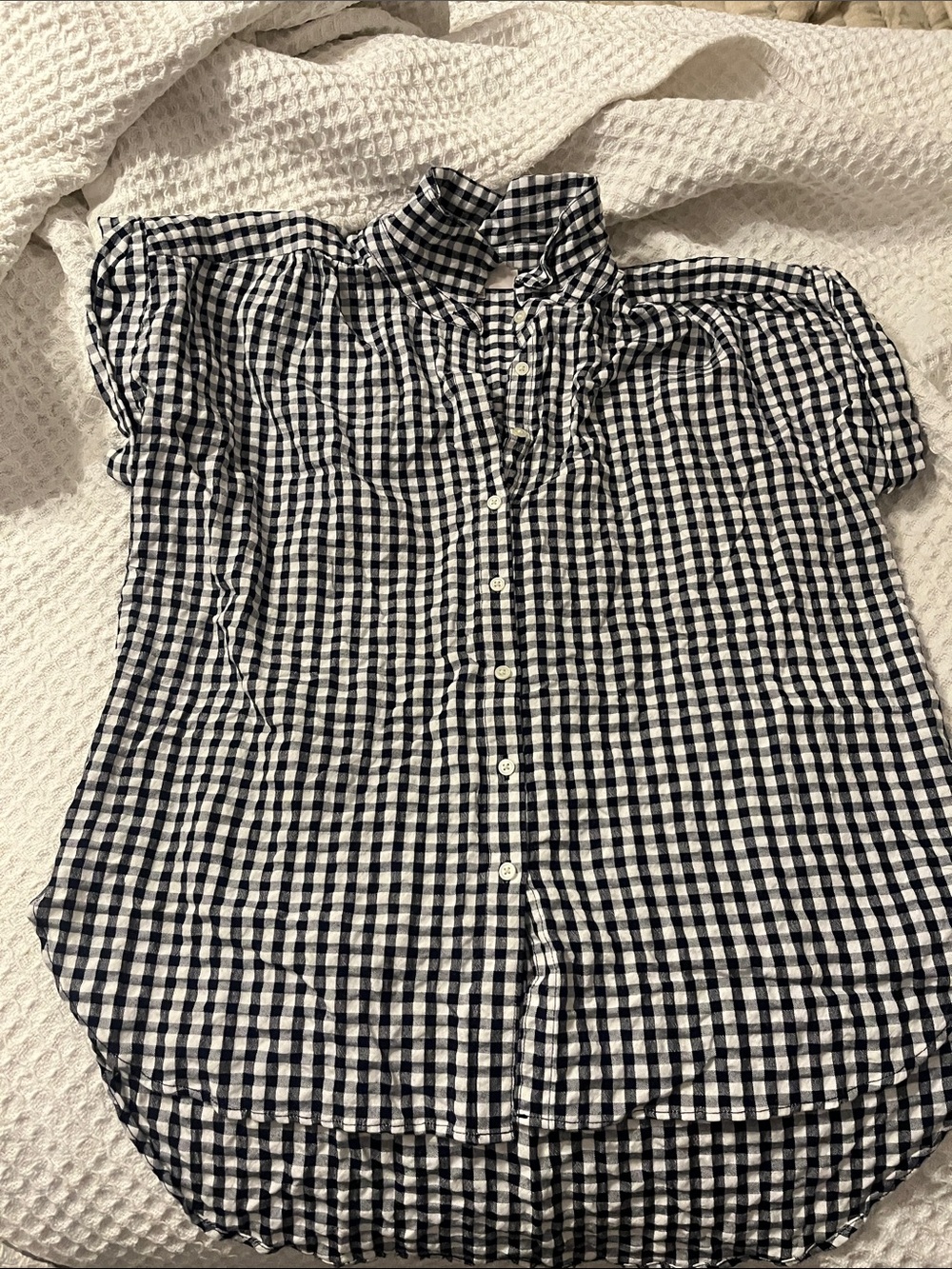 LOFT Navy and White Gingham Button-Front Shirt